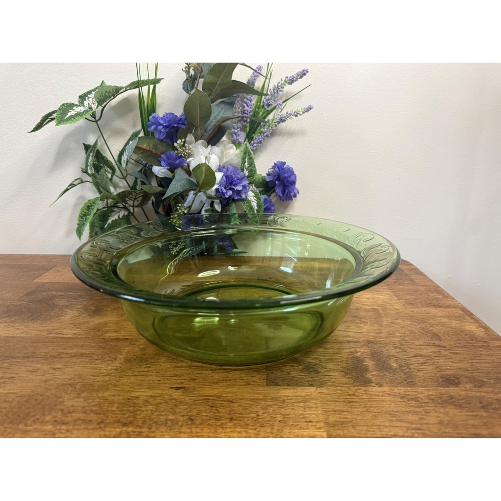Vintage Green Glass Serving Bowl with Embossed Scroll Rim Mid-Century Tableware